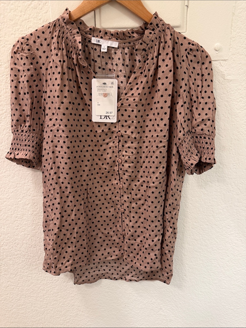 DR2 Mauve Pink Polka Dot Puff Sleeve Blouse